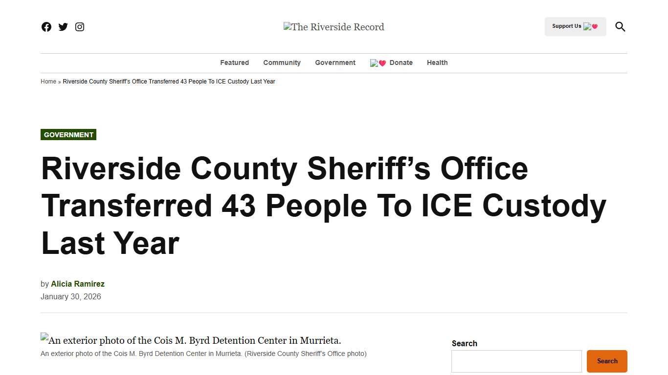 Riverside County Sheriff’s Office Transferred 43 People To ICE Custody Last Year - The Riverside Record